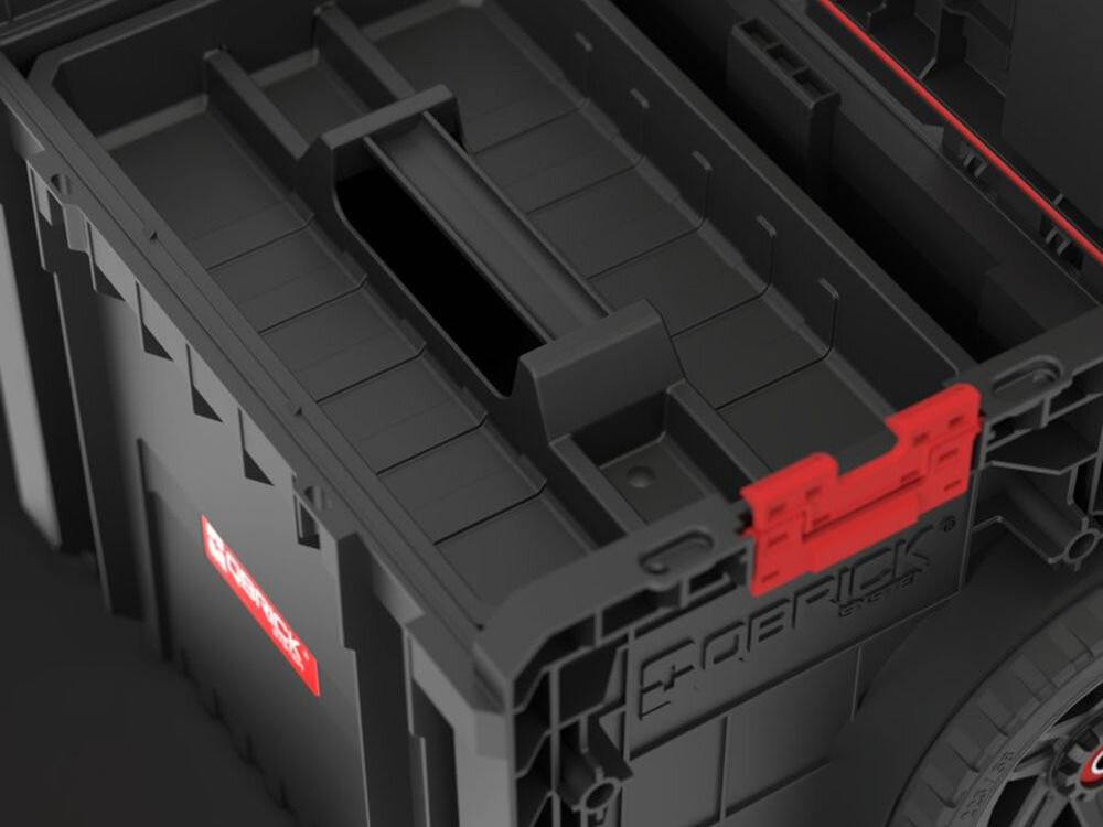 Mobilna skrzynia QBRICK System PRO Cart 2.0 Profi Plus, Wymiary, waga, pojemność, parametry, Wnętrze otwartej skrzyni z wyjmowaną tacką.