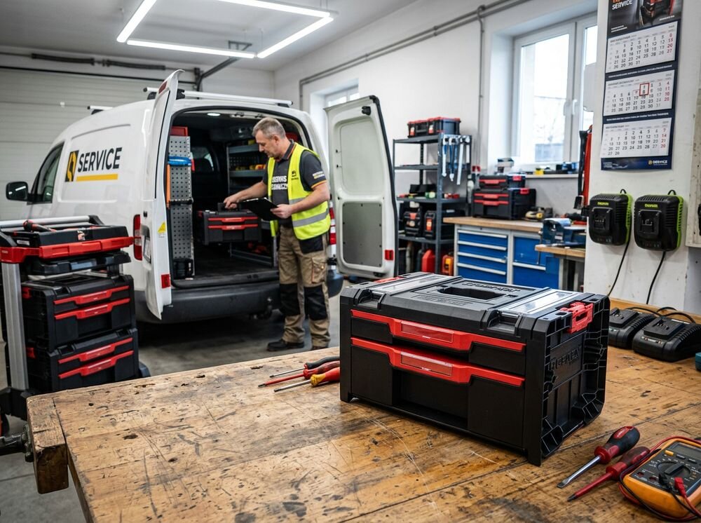 Skrzynia narzędziowa QBRICK PRO Drawer 2 Toolbox 2.0 Profi Basic, porządek, segregacja, plastik, opakowanie, Pracownik w warsztacie korzystający ze skrzyni.