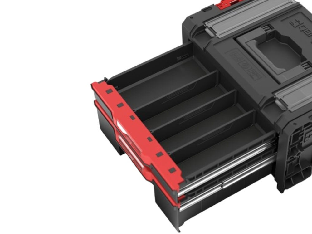 Skrzynia narzędziowa QBRICK PRO Drawer 2 Toolbox 2.0 Profi Basic, prowadnice, metal, mechanizm, obciążenie, Wysunięta szuflada narzędziowa z przegrodami.