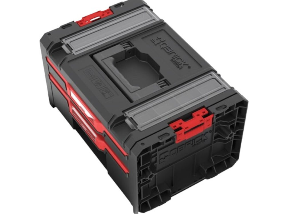 Skrzynia narzędziowa QBRICK PRO Drawer 2 Toolbox 2.0 Profi Basic, ergonomia, wymiary, pojemność, konstrukcja, Widok z góry na uchwyt i pokrywę skrzynki.