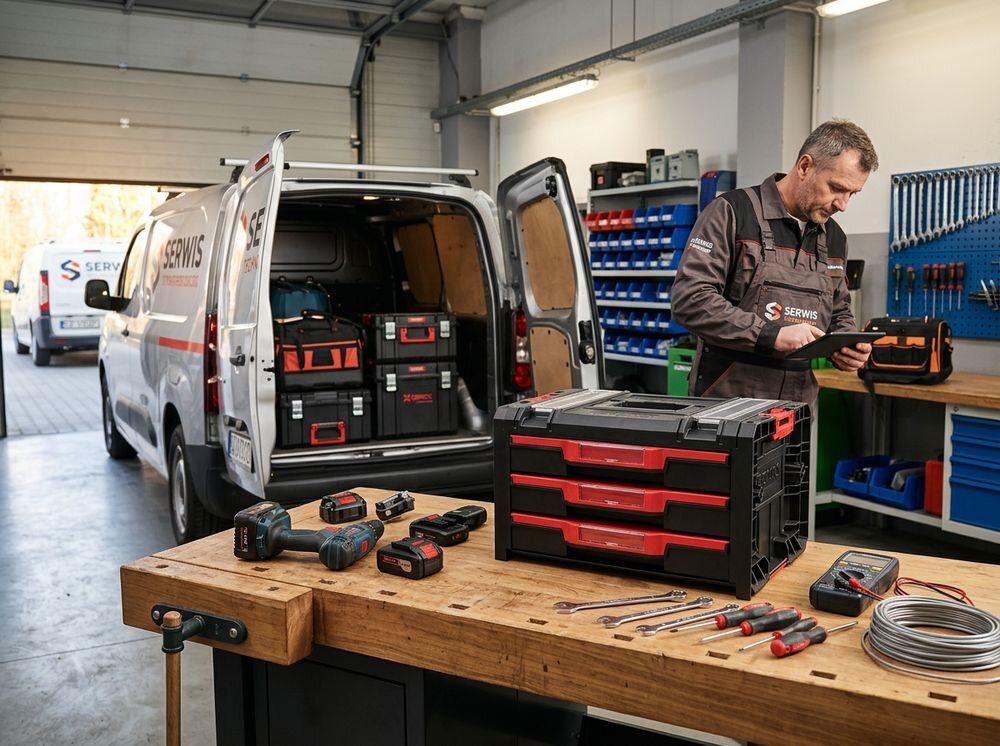 Skrzynia narzędziowa QBRICK PRO Drawer 3 Toolbox 2.0 Profi Basic, porządek, segregacja, plastik, opakowanie, Pracownik w warsztacie korzystający ze skrzyni.