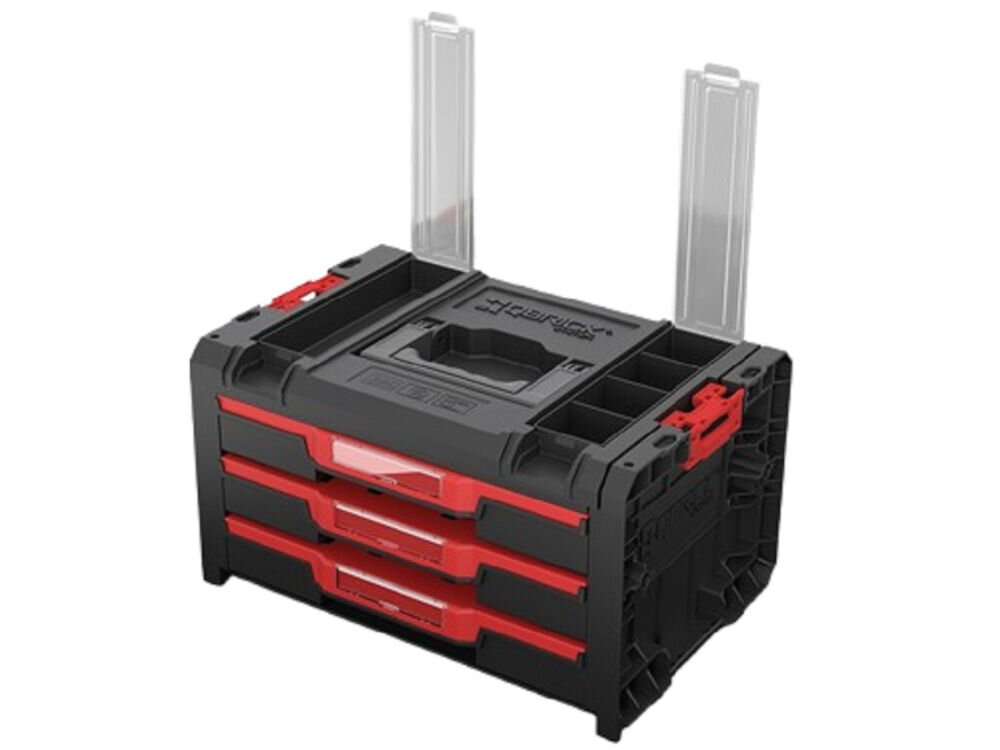 Skrzynia narzędziowa QBRICK PRO Drawer 3 Toolbox 2.0 Profi Basic, pokrywa, organizer, akcesoria, segregacja, Skrzynka z otwartymi organizerami na pokrywie.