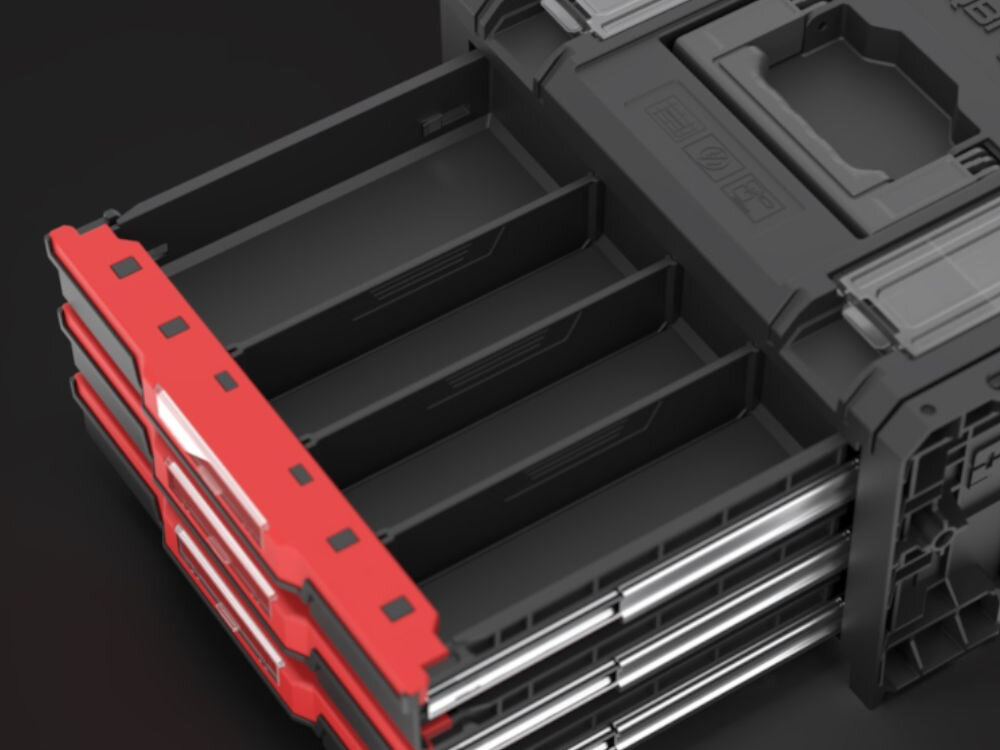 Skrzynia narzędziowa QBRICK PRO Drawer 3 Toolbox 2.0 Profi Basic, prowadnice, metal, mechanizm, obciążenie, Wysunięta szuflada narzędziowa z przegrodami.