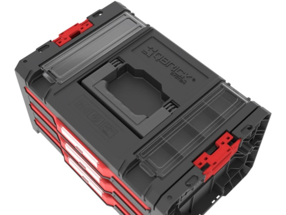 Skrzynia narzędziowa QBRICK PRO Drawer 3 Toolbox 2.0 Profi Basic, ergonomia, wymiary, pojemność, konstrukcja, Widok z góry na uchwyt i pokrywę skrzynki.