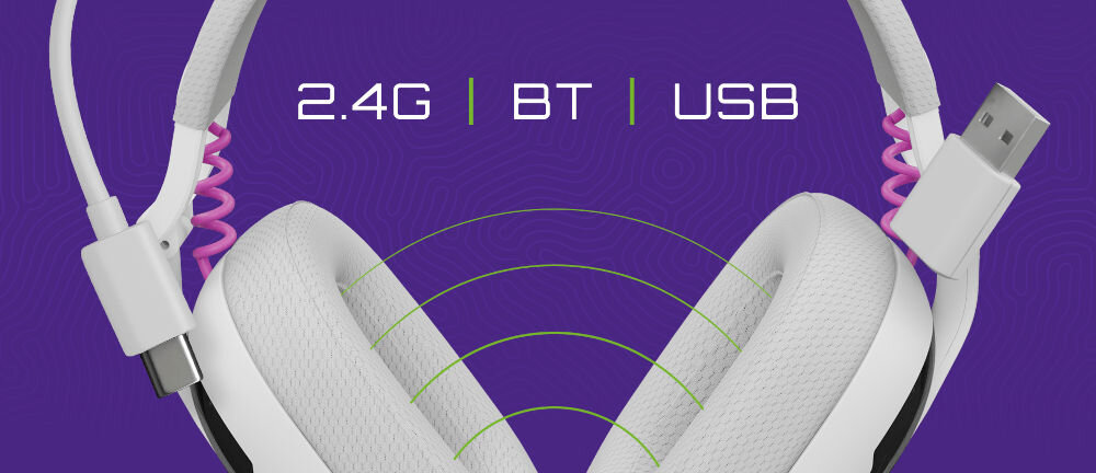 Słuchawki FURY Fukiya F6 łączność 2.4GHz Bluetooth USB kompatybilność, słuchawki nauszne od frontu na niebieskim tle