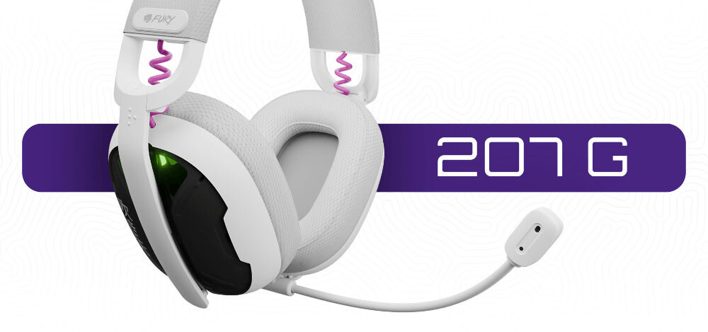 Słuchawki FURY Fukiya F6 lekkie ergonomiczne komfortowe gamingowe, słuchawki po skosie na białym tle