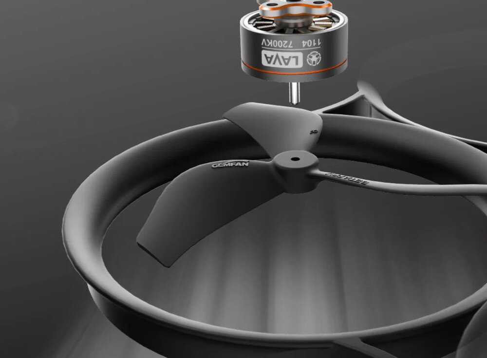 Dron BETAFPV Pavo Pro Grafika prezentująca montaż czarnego trzyłopatowego śmigła na silnik bezszczotkowy
