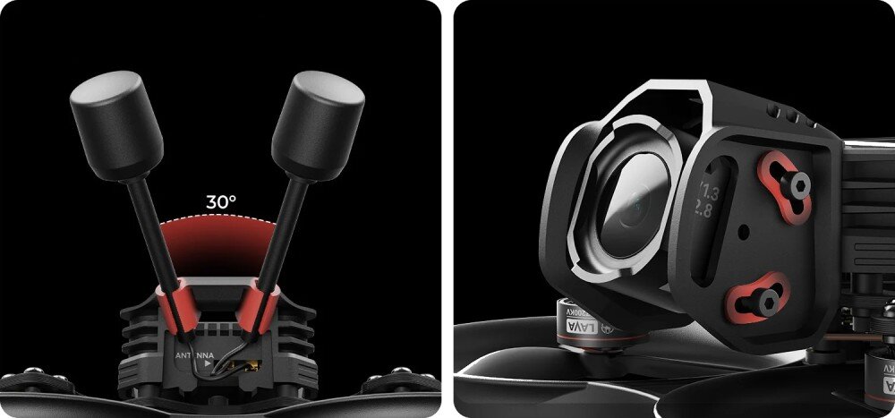 Dron BETAFPV Pavo Pro Dwa ujęcia pokazujące zakres odchylenia anten oraz zbliżenie na mocowanie kamery z czerwonymi śrubami
