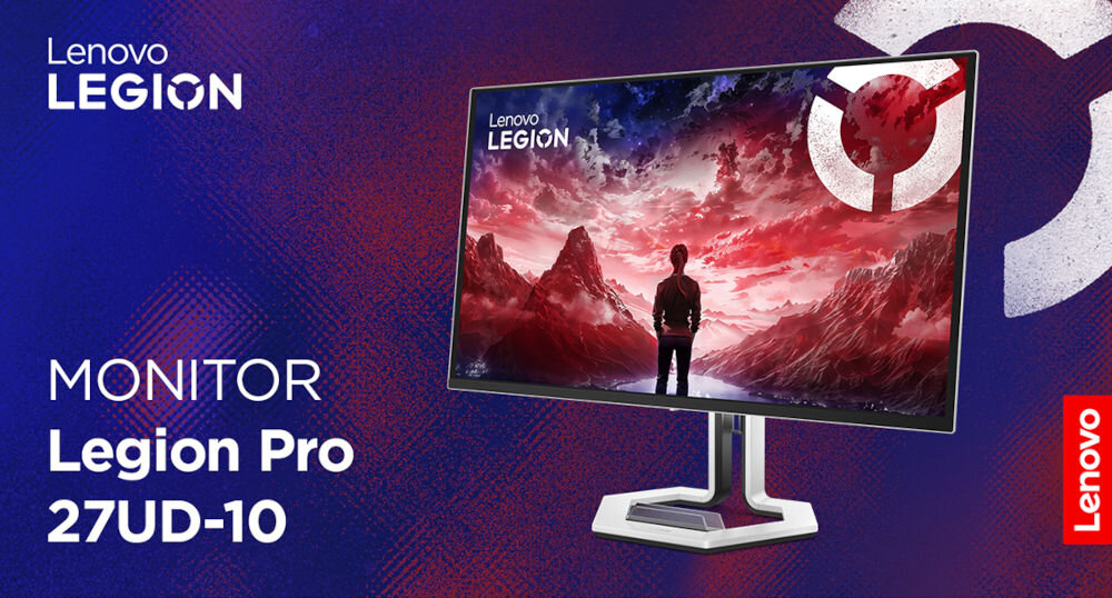 Monitor LENOVO Legion Pro 27UD-10 26.5 cala 3840x2160px 240Hz 0.03 ms [GTG] prezentacja monitora na fioletowym tle z gradientem napis z modelem monitora