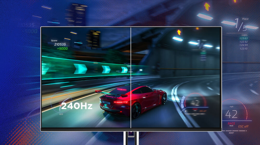 Monitor LENOVO Legion Pro 27UD-10 26.5 cala 3840x2160px 240Hz 0.03 ms [GTG] 	
					Zbliżenie na ekran monitora gamingowego Lenovo Legion z wyścigową grą, podzielony na dwie połowy dla porównania płynności obrazu 240 Hz
					częstotliwość odświeżania czas reakcji redukcja efektu ghostingu i rozmycia stabilny obraz certyfikacja ClearMR 1300 AMD FreeSync Premium Pro VESA Adaptive Sync