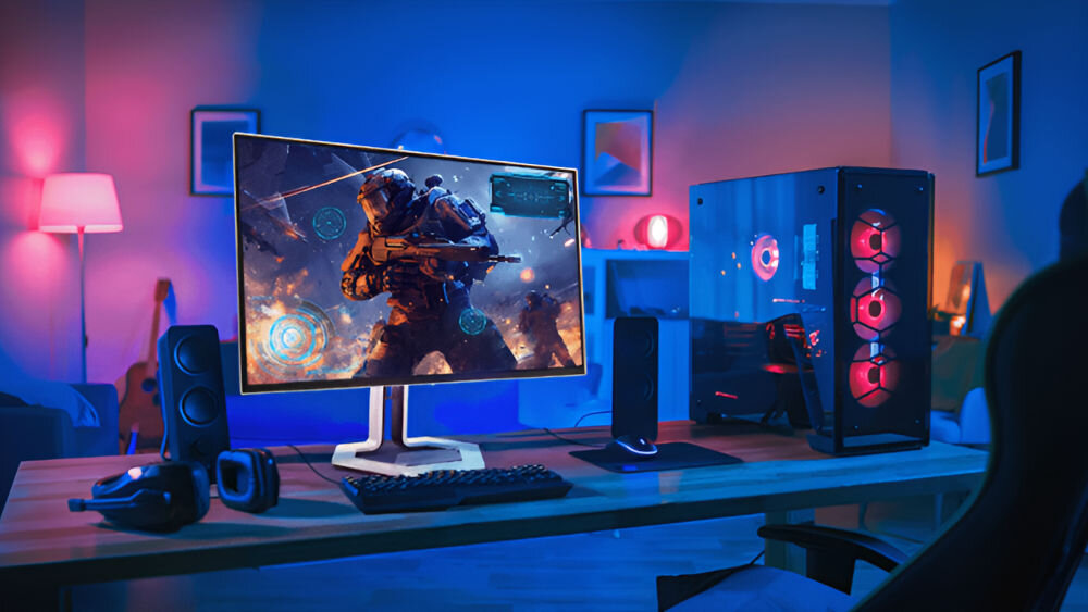 Monitor LENOVO Legion Pro 27UD-10 26.5 cala 3840x2160px 240Hz 0.03 ms [GTG] Biurko gracza z monitorem Lenovo Legion, komputerem stacjonarnym RGB, klawiaturą, myszą, słuchawkami i kolorowym oświetleniem LED w pokoju 
					oprogramowanie Legion Space wsparcie tworzenia spójnego środowiska