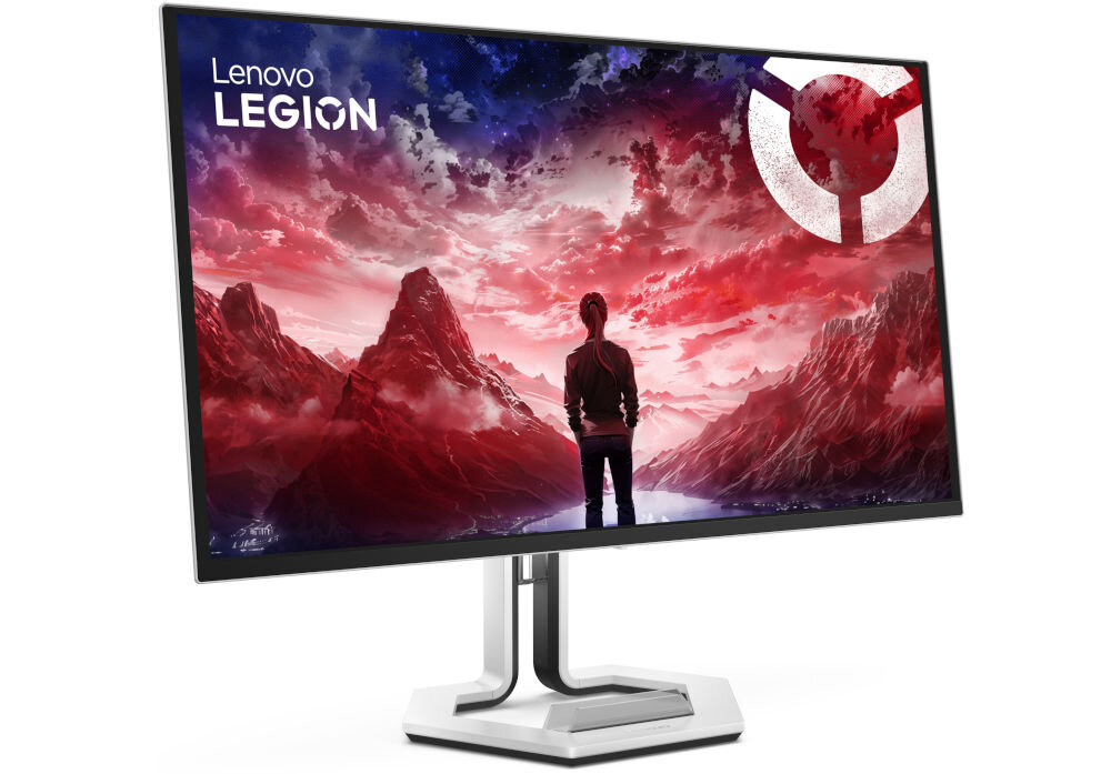 Monitor LENOVO Legion Pro 27UD-10 26.5 cala 3840x2160px 240Hz 0.03 ms [GTG] prezentacja monitora na białym tle przód pod kątem z wymiarami waga wymiary szeroki obraz solidność konstrukcji