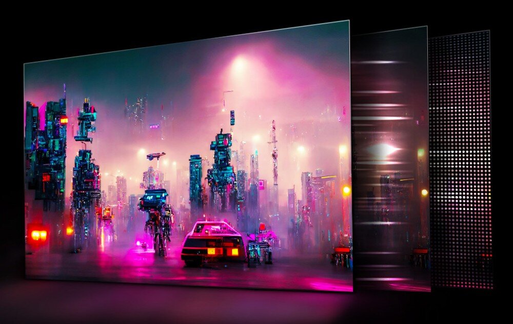 Monitor LG UltraGear 27GS95QE-B.AEU Przykład technologii wyświetlania OLED – futurystyczne miasto w neonowych kolorach, a obok niego warstwowy schemat pokazujący działanie ekranu i efekt lokalnego podświetlenia, matryca, rozdzielczość, przekątna, kolory