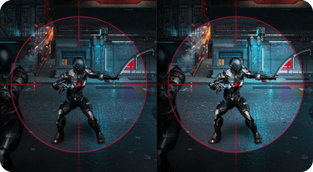 Monitor LG UltraGear 27GS95QE-B.AEU Porównanie dwóch obrazów w strzelance. Po lewej celownik bez dodatkowych oznaczeń, po prawej wyraźniejszy, funkcja Black Stabilizer, widoczność