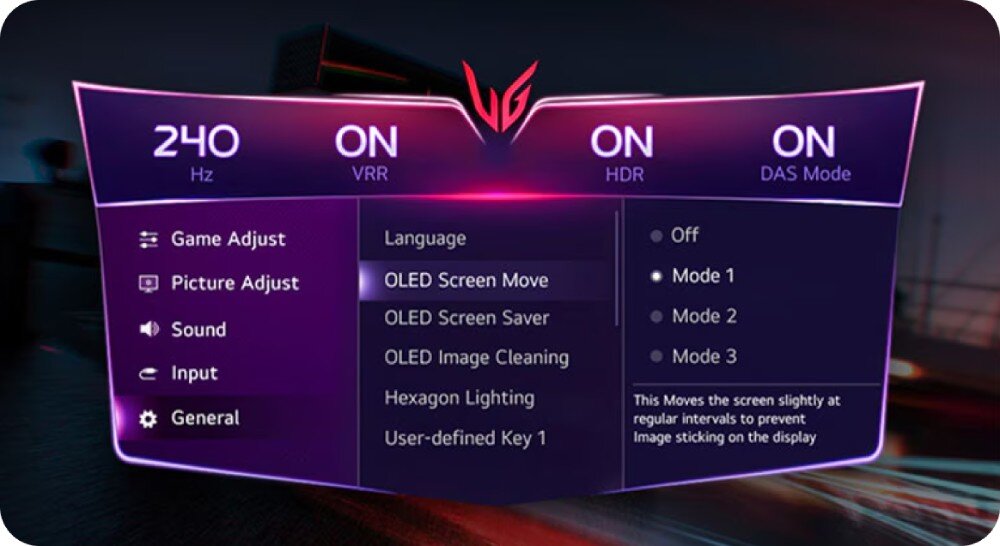 Monitor LG UltraGear 27GS95QE-B.AEU Menu ekranowe monitora z ustawieniami częstotliwości odświeżania, HDR, VRR i innych opcji, ochrona wzroku, funkcja OLED Care