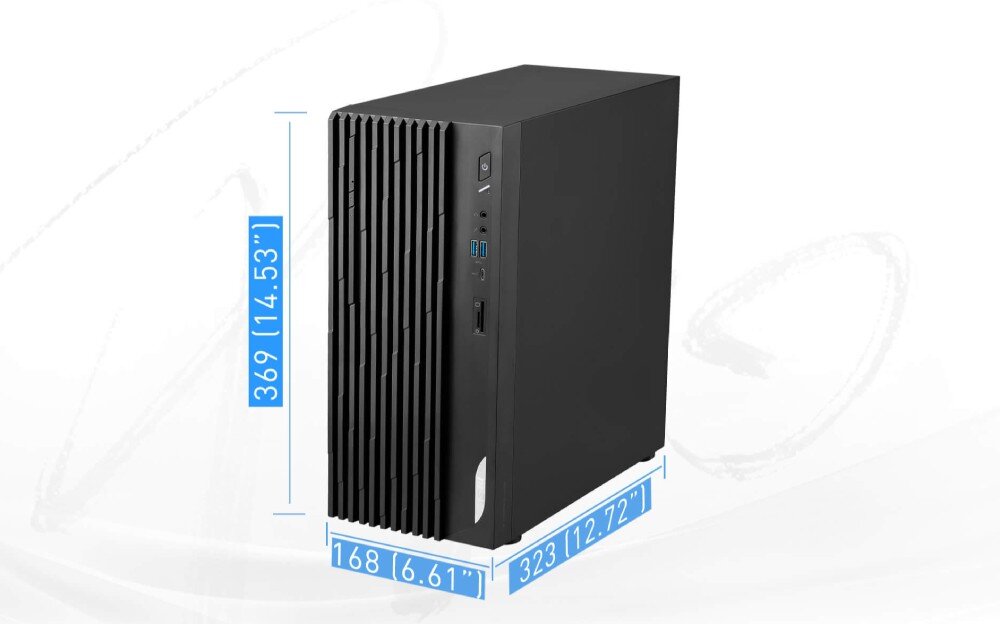 Komputer MSI Pro DP180 13-017BEU Komputer w czarnej obudowie z zaznaczonymi na niebiesko wymiarami: wysokość 369 mm, szerokość 168 mm, głębokość 323 mm, obudowa, wielkość, pojemność, waga