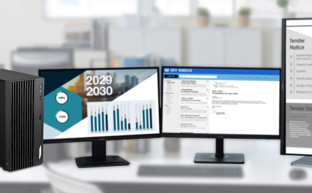 Komputer MSI Pro DP180 13-017BEU Komputer stacjonarny obok trzech monitorów na biurku, każdy z inną zawartością: wykresy, skrzynka odbiorcza oraz dokument tekstowy, wyjścia wideo, monitory, podłączenie