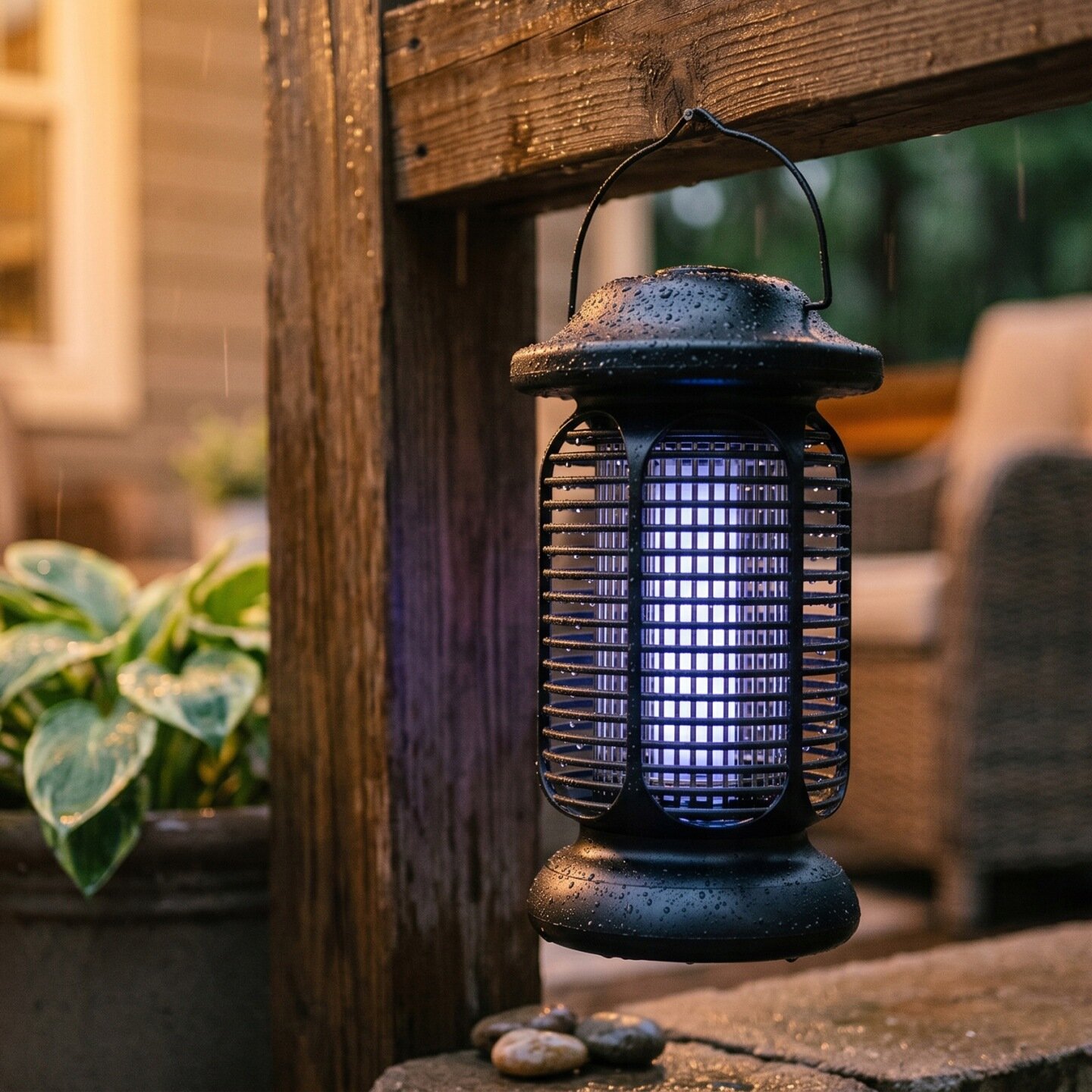 Lampa owadobójcza z siatką ochronną wisi na drewnianej konstrukcji, emitując niebieskie światło. W tle widoczne są rośliny i meble ogrodowe.