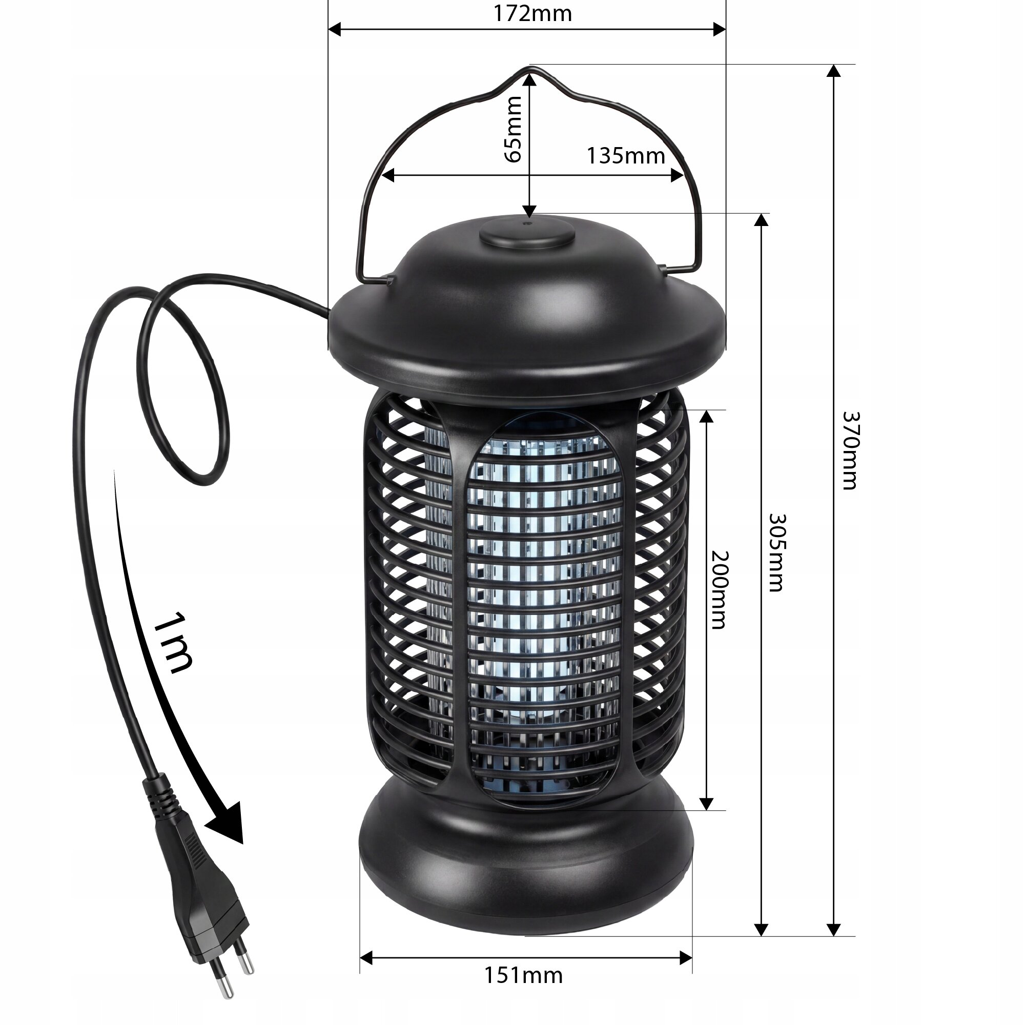 Czarna lampa owadobójcza z lampką LED, z widocznymi wymiarami: 172mm, 135mm, 370mm, 305mm, 200mm, 151mm i długością kabla 1m. Lampa ma cylindryczny kształt z kratką ochronną i uchwytem na górze.