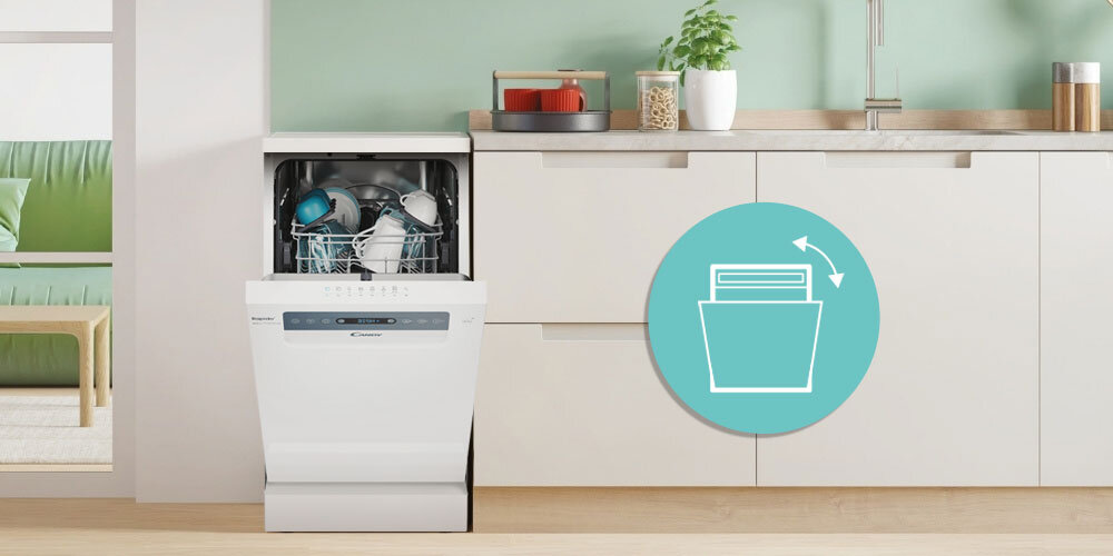 ZMYWARKA CANDY RAPIDO CF0C7SB0FW lifestyle infografika uchylone drzwiczki kuchnia zabudowa dekoracje kuchenne na blacie Automatyczne otwieranie drzwi suszenie naturalne swobodny przepływ powietrza bez uszkodzenia mebli