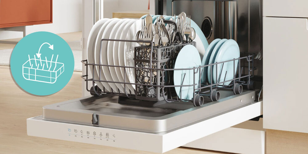 ZMYWARKA CANDY RAPIDO CF0C7SB0FW lifestyle infografika otwarta wnętrze kosze naczynia panel talerze szkło Składane półki