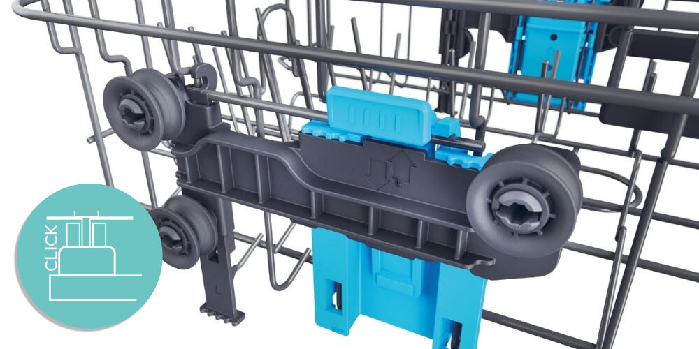 ZMYWARKA CANDY RAPIDO CF0C7SB0FW kosz zbliżenie niebieskie elementy Regulacja górnego kosza kliknięcie Podnieś opuść system Easy Click