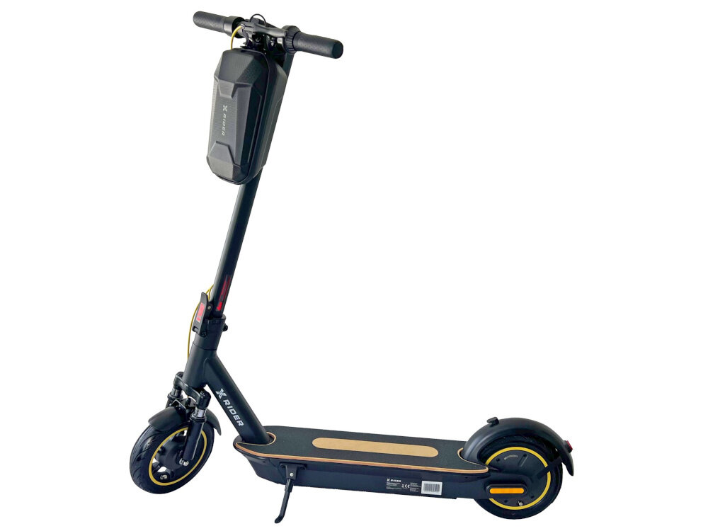 Hulajnoga elektryczna XRIDER M10 ME 65km 500W Amortyzacja 10 cali Czarny hulajnoga na białym tle widoczna z boku wysoki poziomu bezpieczeństwa hamulec bębnowy na przedniej osi stabilność pełnej kontroli nad pojazdem silnik elektryczny automatycznie odłącza zasilanie skuteczne i bezpieczne hamowanie