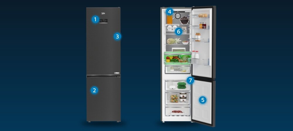 LODÓWKA BEKO B5RCNA406HXBR2 wizualizacja wnętrze wyposażenie punkty cechy Wyświetlacz elektroniczny Minimalistyczny design test wytrzymałościowy Oświetlenie LED Alarm dźwiękowy szuflady mrożenia półka na butelki