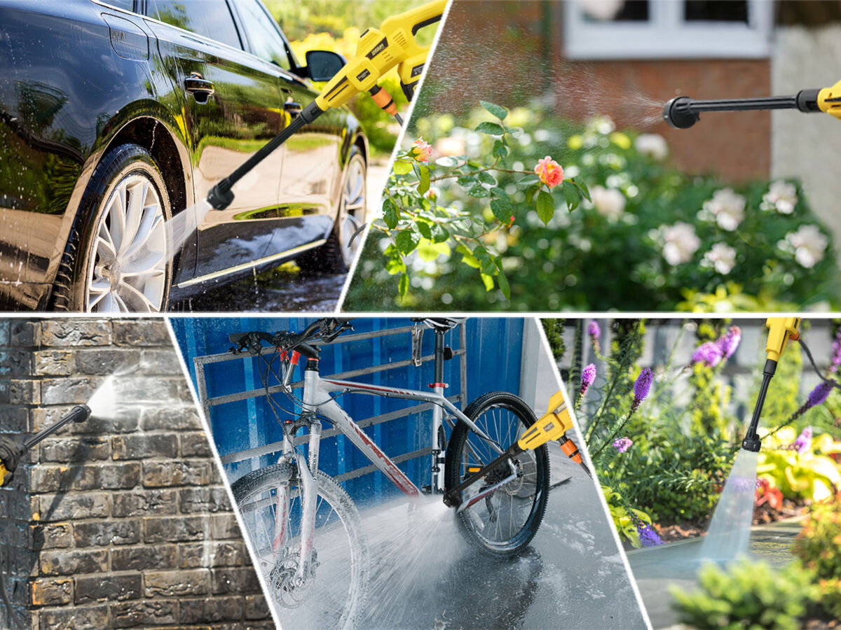 Myjka ciśnieniowa IMOU GYQXJ, przewód, akumulator, dostęp, ograniczony, zdjęcie przedstawia zastosowanie myjki w różnego rodzaju miejsc i mycia różnych rzeczy