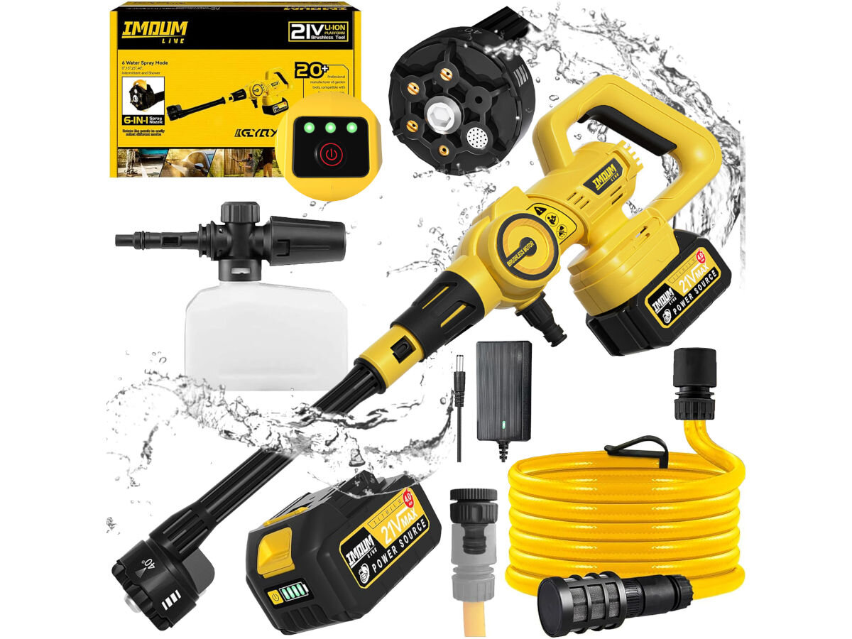 Myjka ciśnieniowa IMOU GYQXJ, zestaw, instrukcja, akcesoria, obsługa, na białym tle pełen zestaw myjki ciśnieniowej