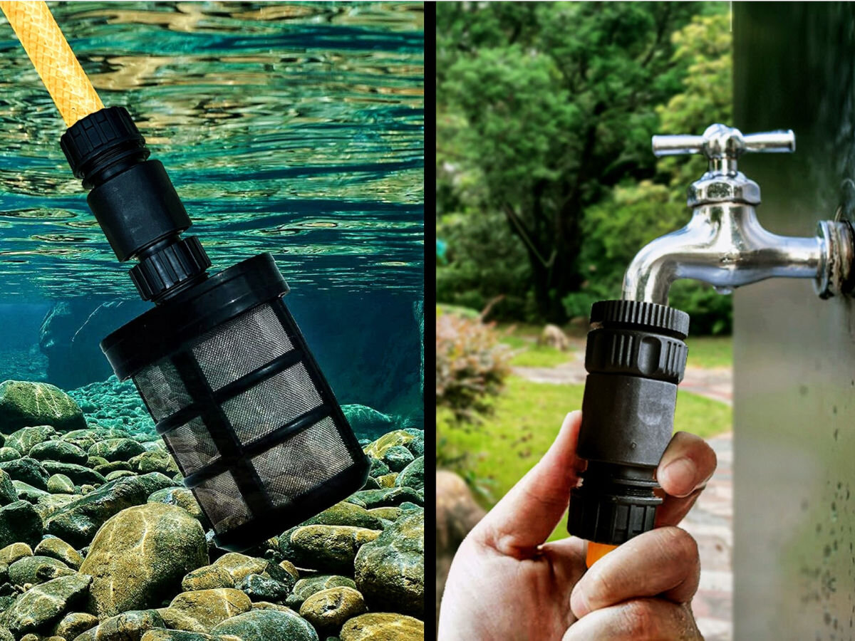 Myjka ciśnieniowa IMOU GYQXJ, filtr, woda, beczki, strumyk, 2 zdjęcia w 1 przedstawiające podłączenie myjki w różnego typu źrodeł wodnych
