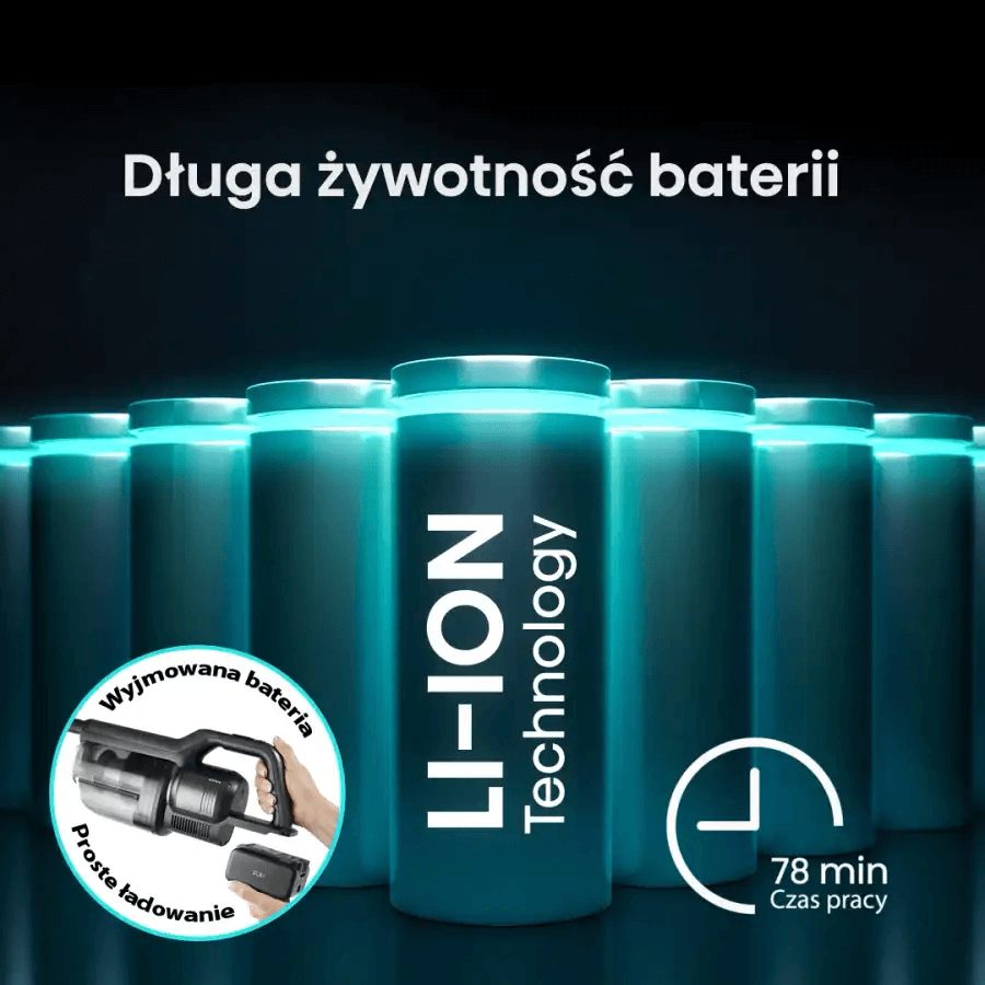 Odkurzacz HISENSE Wet&Dry Expert HFC743169BKA 3w1 (Mopujący) napis długa żywotność baterii czas pracy 78 minut wyjmowana bateria proste ładowanie