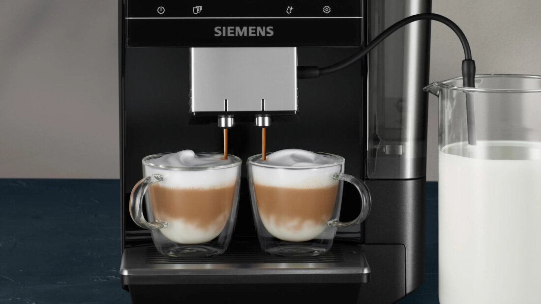 Ekspres SIEMENS EQ700 TP713R19 Czarny oneTouch DoubleCup jedna kawa dwie kawy jednocześnie możliwości latte macchiato kremowe cappuccino espresso