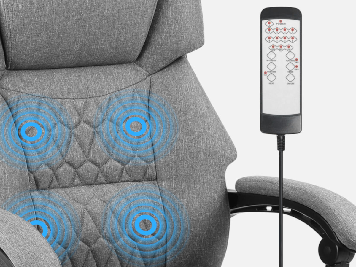 Fotel MARK ADLER Boss 6.0 Szary, oparcie, wibracje, intensywność, podgrzewanie, na białym tle zbliżenie na oparcie fotela i wizualizacja punktów oraz obok pilot