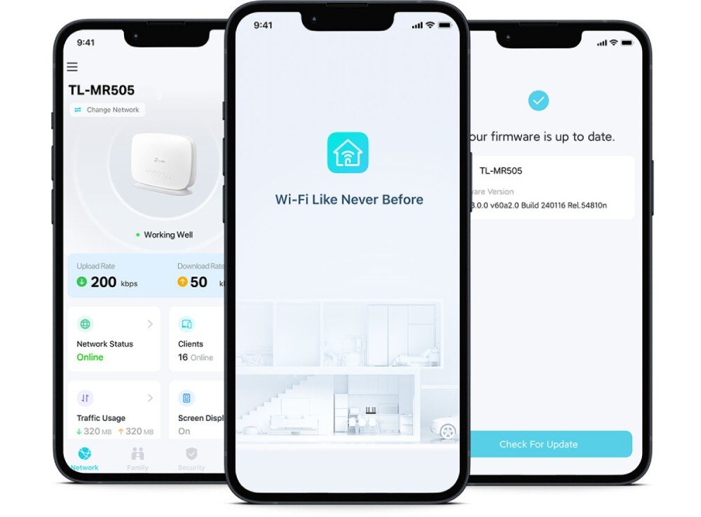 Na obrazie widoczne są trzy ekrany smartfonów z aplikacją do zarządzania routerem TL-MR505. Na środkowym ekranie znajduje się napis \'Wi-Fi Like Never Before\'.