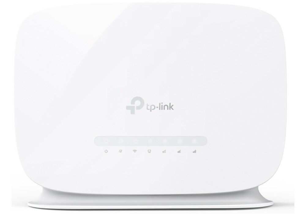 Biały router z logo \'tp-link\' na przedniej stronie. Poniżej znajduje się rząd ikon sygnalizujących różne funkcje urządzenia.