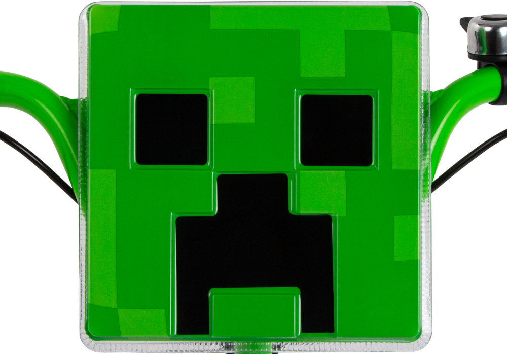 Zielony kwadratowy element z czarnymi kwadratowymi oczami i ustami, przypominający postać z gry Minecraft. Po bokach widoczne są zielone uchwyty i fragment dzwonka rowerowego.
