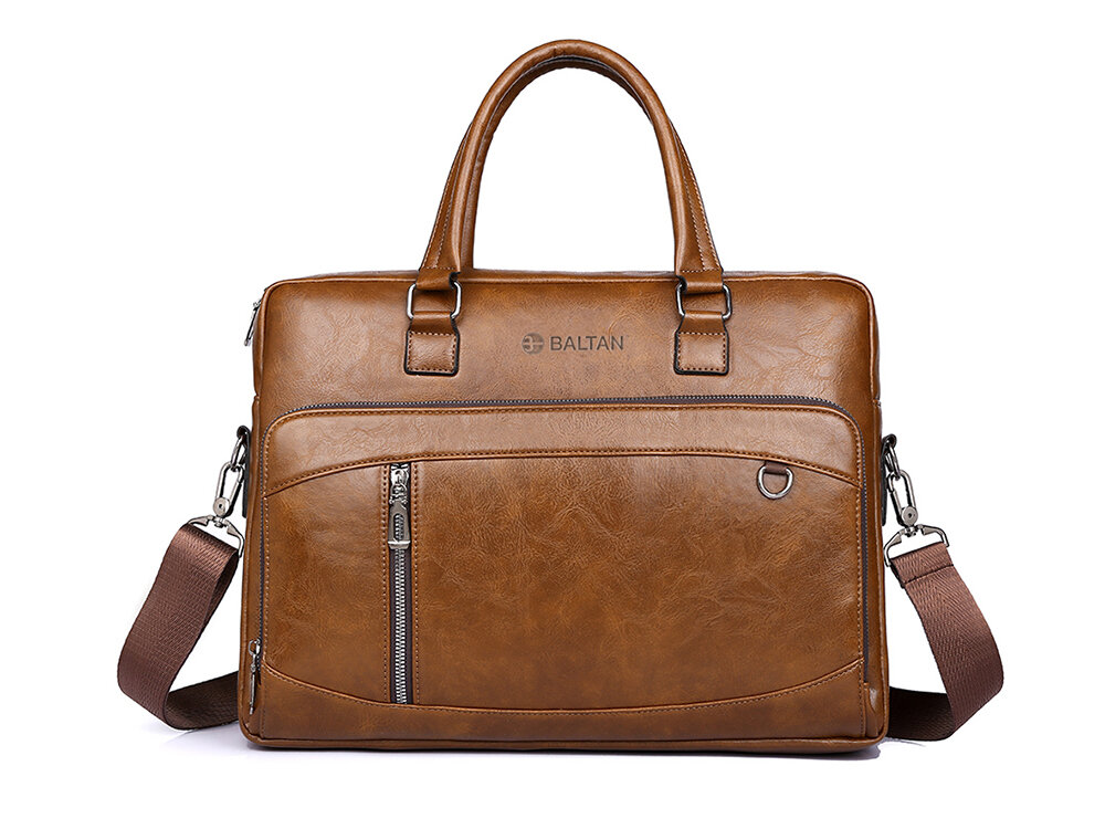 Torba na laptopa BALTAN Office 15.6 cali Jasnobrązowy torba na laptopa marki Baltan na białym tle, wyposażona w dwa uchwyty, pasek naramienny, przednią kieszeń z zamkiem błyskawicznym oraz metalowy element.