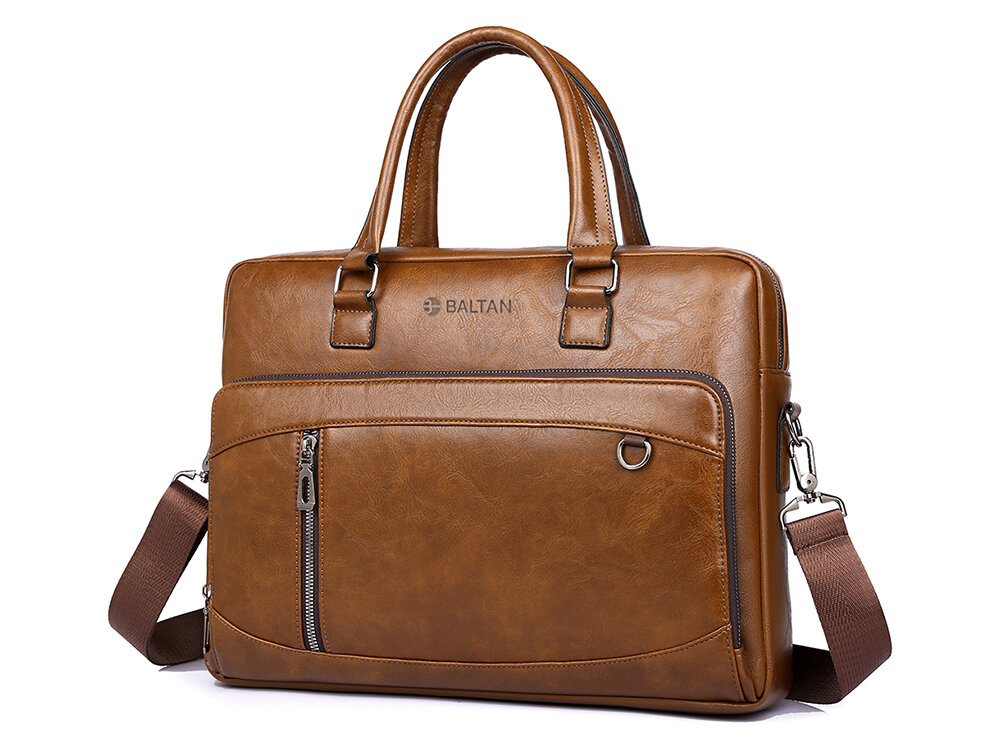 Torba na laptopa BALTAN Office 15.6 cali Jasnobrązowy torba na laptopa marki Brązowa torba na laptopa marki Baltan na białym tle, widoczna pod kątem; posiada dwa uchwyty, pasek naramienny oraz przednią kieszeń zamykana na zamek błyskawiczny.