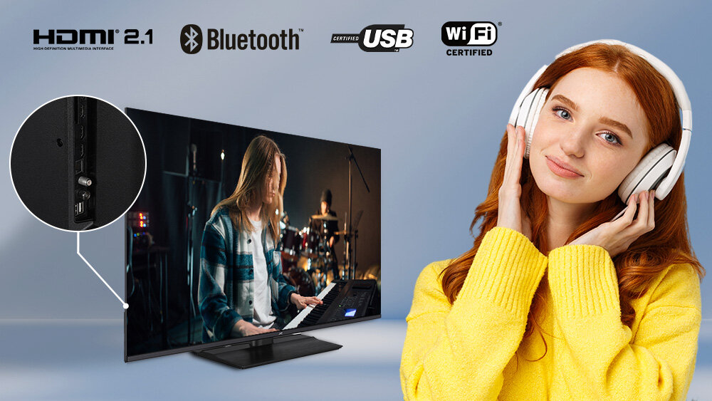 JVC LT-65VD7500 trzy porty HDMI 2.1 z ALLM dwa porty USB-A Ethernet Wi-Fi Bluetooth Gniazda z boku obudowy - słuchawki połączone przez bluetooth