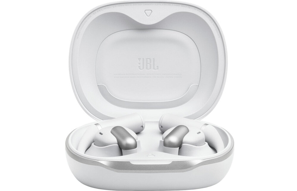 Słuchawki powietrzne JBL Sense Pro aplikacja JBL Headphones personalizacja dźwięku, etui z słuchawkami na białm tle