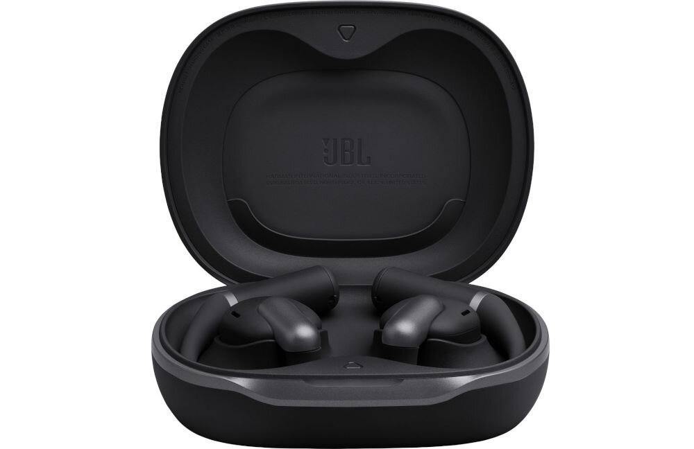 Słuchawki powietrzne JBL Sense Pro mikrofony AI redukcja hałasu wyraźne rozmowy, etui z słuchawkami na białm tle