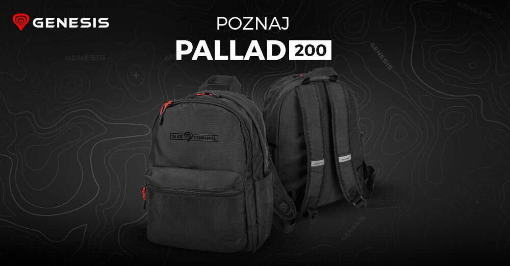 Plecak na laptopa GENESIS Pallad 200 14.1 cali Czarny prezentacja plecaka na ciemnym tle z geometrycznymi kształtami napisem marki i poznaj PALLAD 200