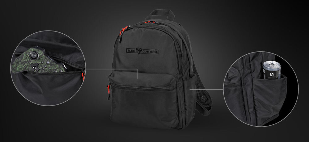 Plecak na laptopa GENESIS Pallad 200 14.1 cali Czarny prezentacja plecaka na ciemnym tle zbliżenie na kieszenie dodatkowe przegrody i kieszenie utrzymanie porządku szybki dostęp do potrzebnych przedmiotów dwie boczne kieszonki elementy odblaskowe bezpieczeństwo