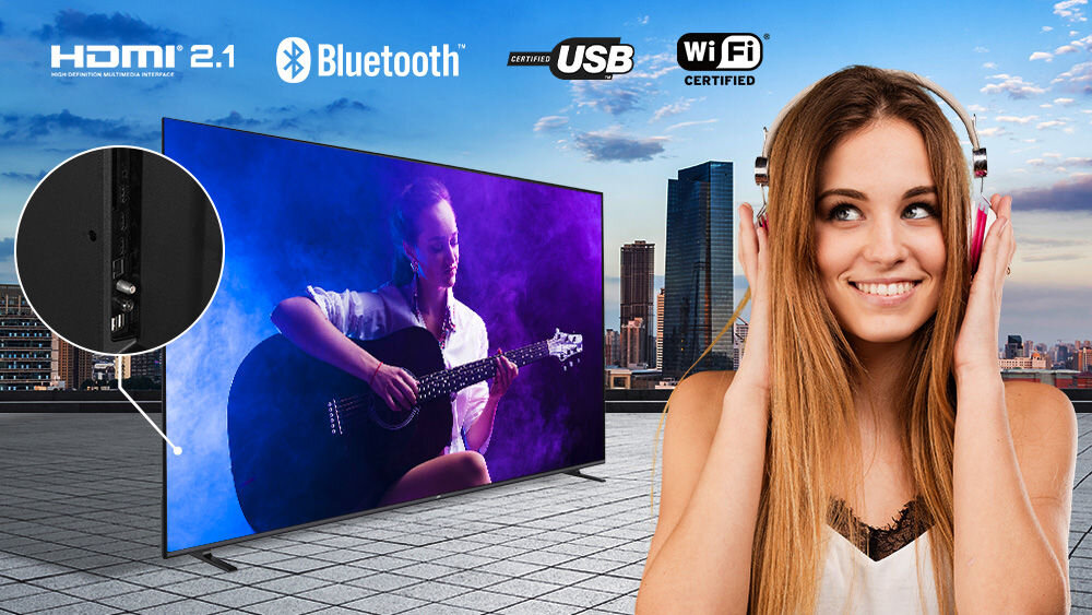 JVC LT-75VDQ7500 trzy porty HDMI 2.1 z ALLM dwa porty USB-A Ethernet Wi-Fi Bluetooth Gniazda z boku obudowy - słuchawki połączone przez bluetooth