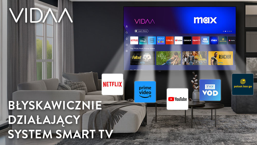 JVC LT-75VDQ7500 System VIDAA Netflix, YouTube, Disney+, HBO Max, Player czy TVP VOD przeglądarki internetowej - interfejs vidaa