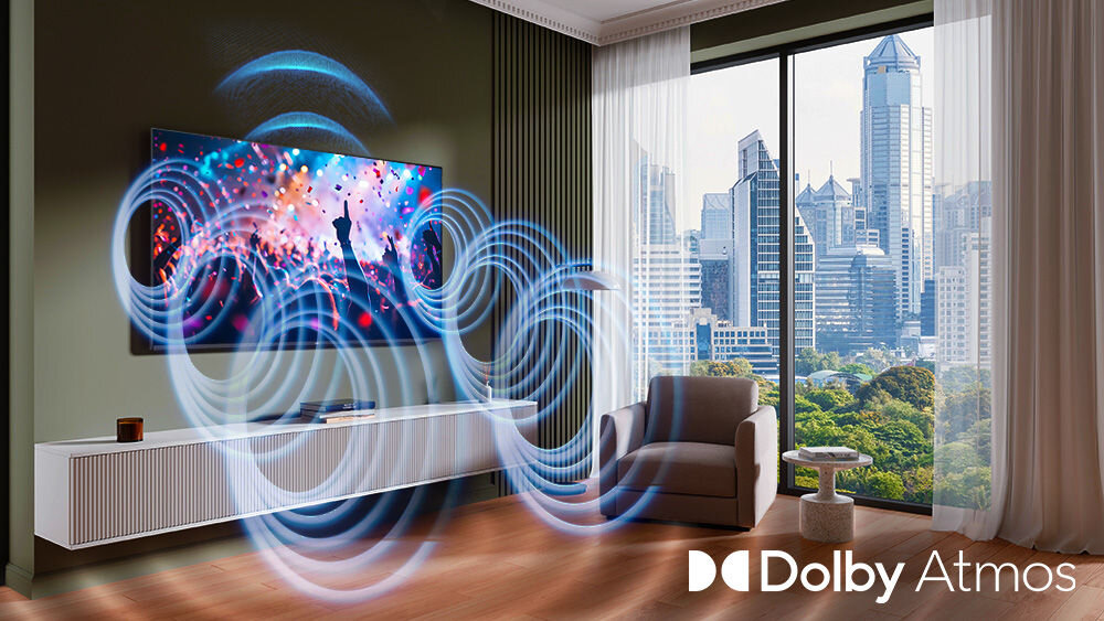 JVC LT-75VDQ7500 Dolby Atmos dźwiękiem przestrzennym Wbudowane głośniki o mocy 20 W - przedstawienie fal dźwięku
