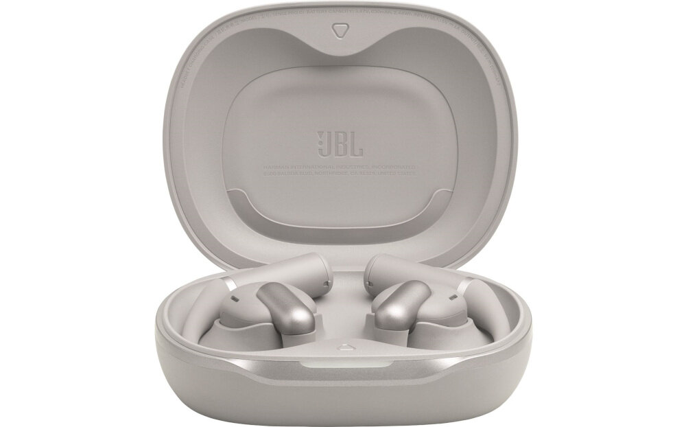 Słuchawki powietrzne JBL Sense Pro Dual Connect szybkie parowanie Android jedna słuchawka, etui z słuchawkami na białm tle