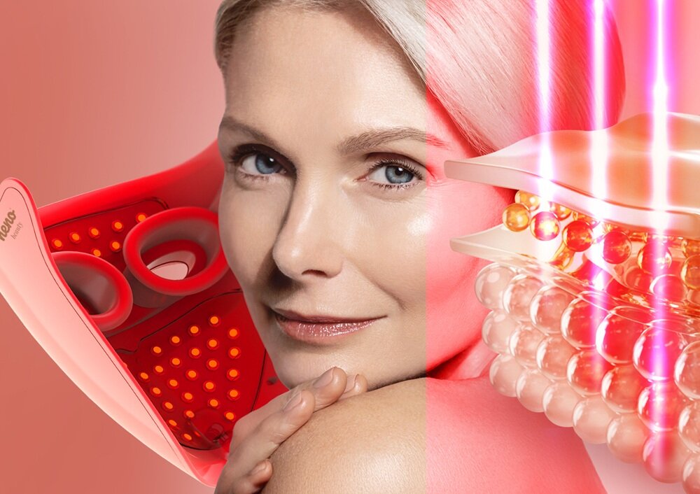 Maska LED NENO BEAUTY Alva tryb przeciwstarzeniowy, przecikanie w głąb skóry, wparcie poprawy jędrności, redukcja drobnych zmarszczek, młodszy wygląd skóry