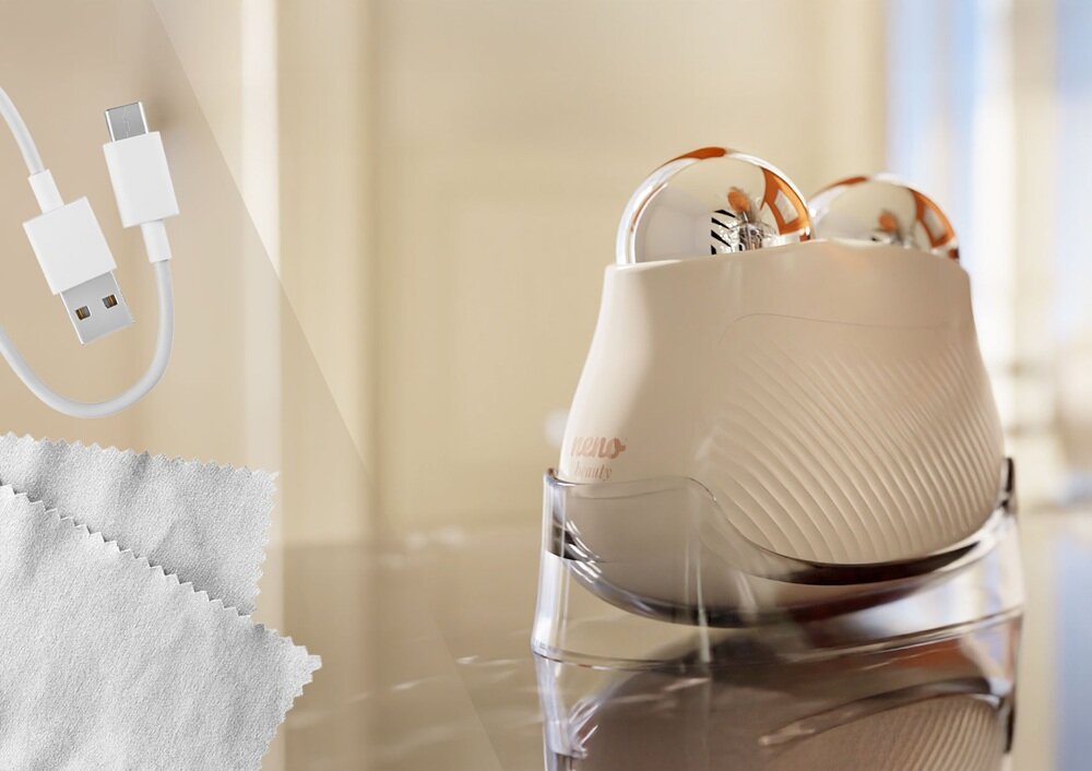 Masażer do twarzy z technologią EMS i funkcją termoterapii NENO BEAUTY Naya przezroczysta podstawka, stabilne przechowywanie, urządzenie zawsze pod ręką, higienicznie, bogata zawartość zestawu